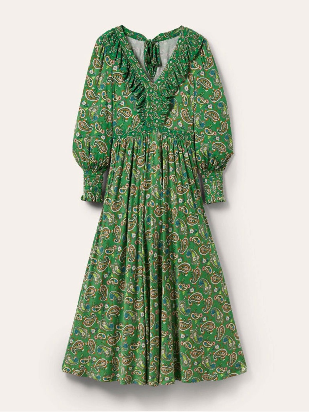 Boden Paisley Green Ruffle Jersey Maxi Dress Size 16/18 NWOT
